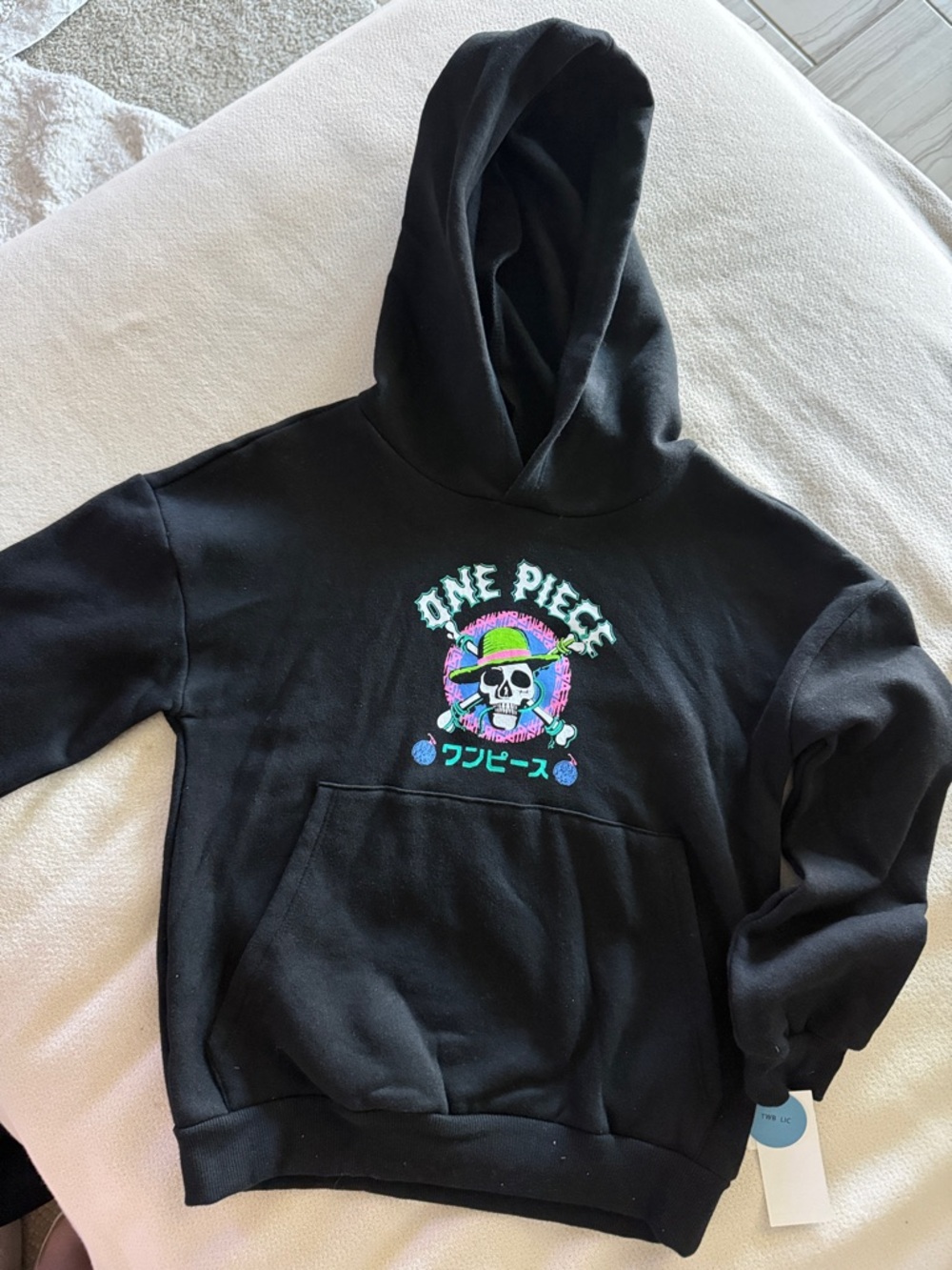 Onepiece Kids Black Hoodie with Neon Skull Graphic